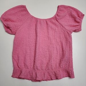 H&M Girls Puff-Sleeve Crinkle Textured Pink Shirt Top Blouse Size 8-10